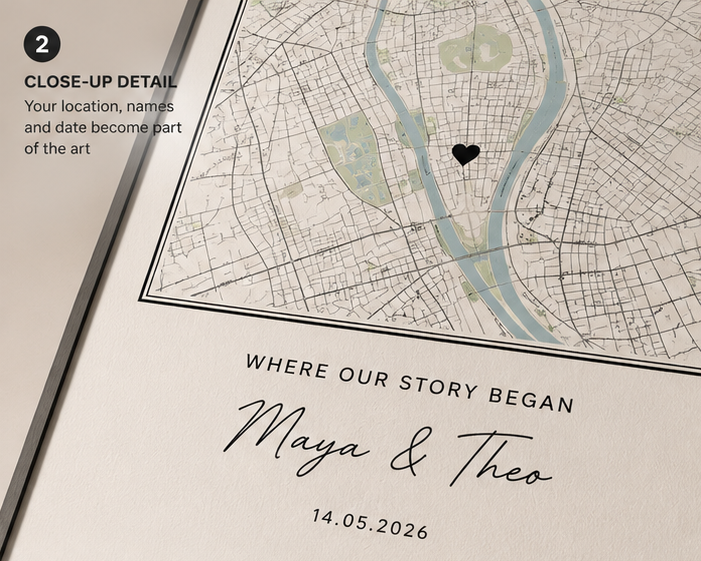 Close-up of personalized Map of Memory showing a real city map, names and date