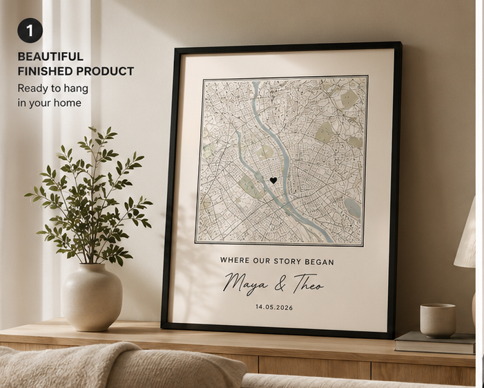 Personalized Map of Memory framed artwork displayed in a warm Scandinavian interior with a real city map